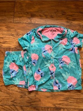 Disney Girls Teal and Pink Stitch Short Pajama Set